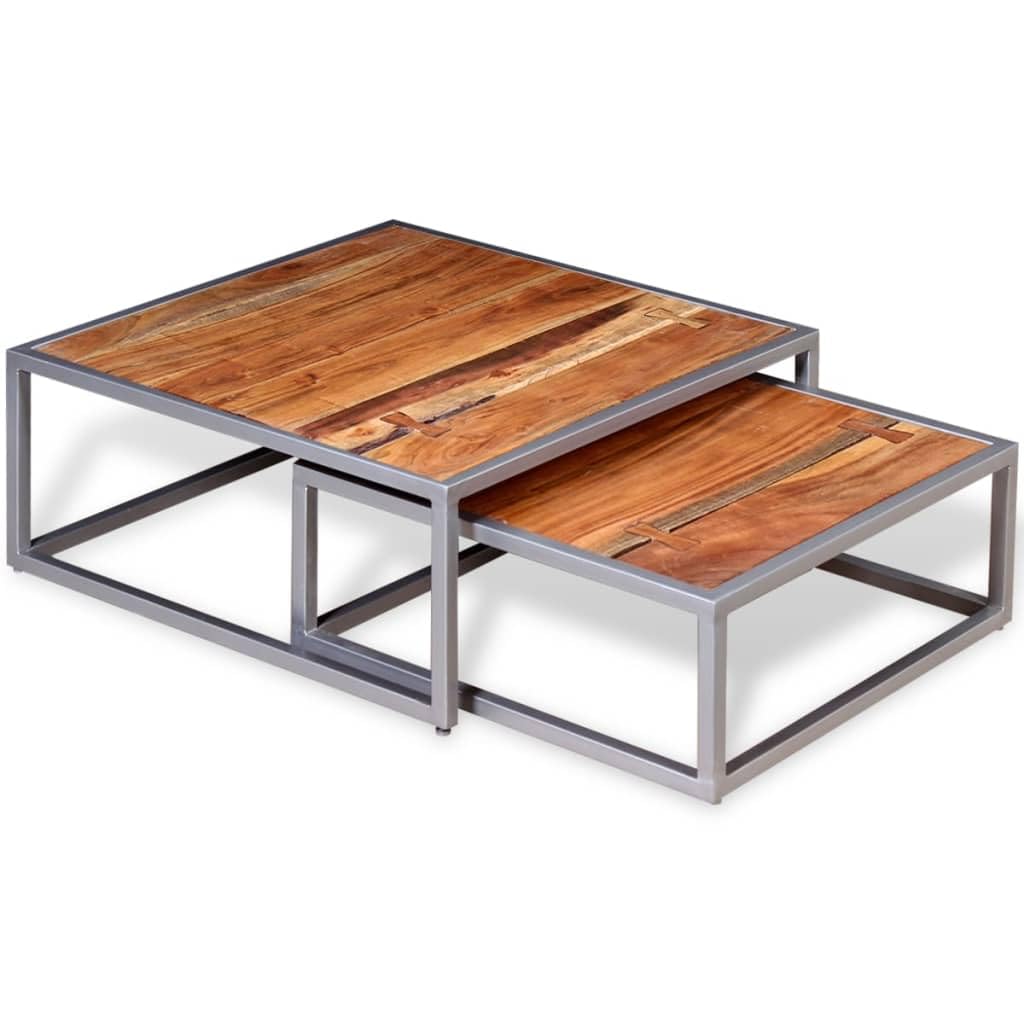 Solid Sheesham Wood Nesting Coffee Table Set with Iron Legs J4560