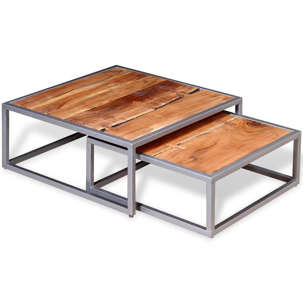 Solid Sheesham Wood Nesting Coffee Table Set with Iron Legs J4560