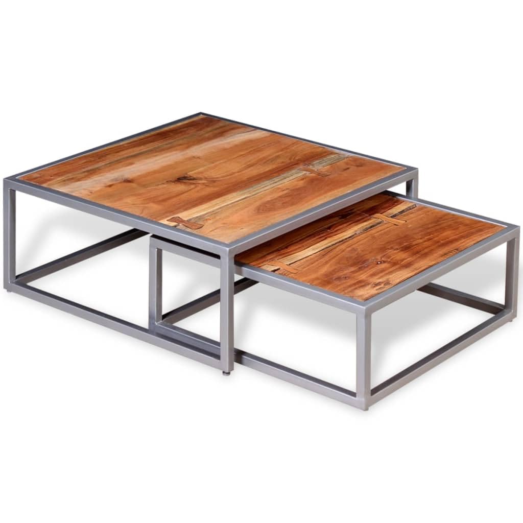 Solid Sheesham Wood Nesting Coffee Table Set with Iron Legs J4560