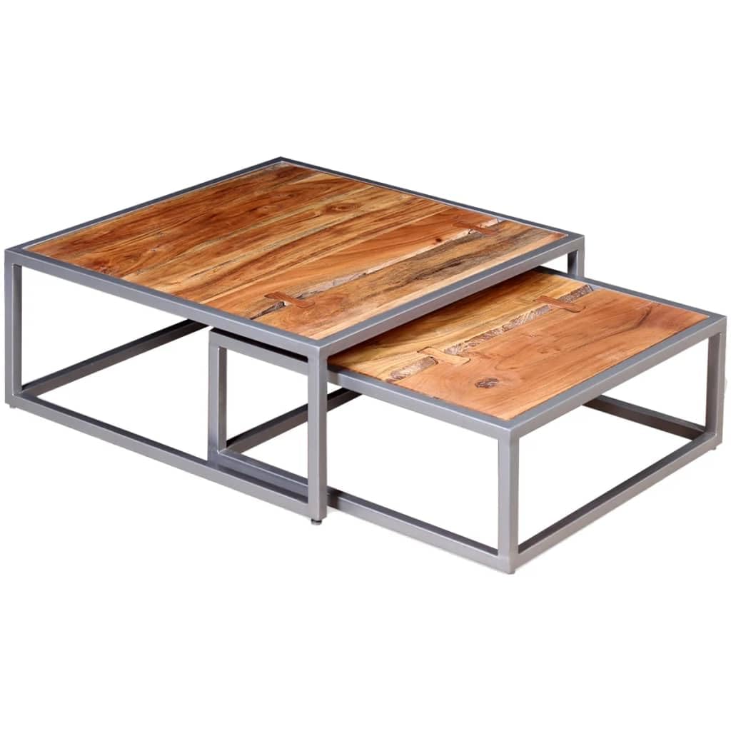 Solid Sheesham Wood Nesting Coffee Table Set with Iron Legs J4560