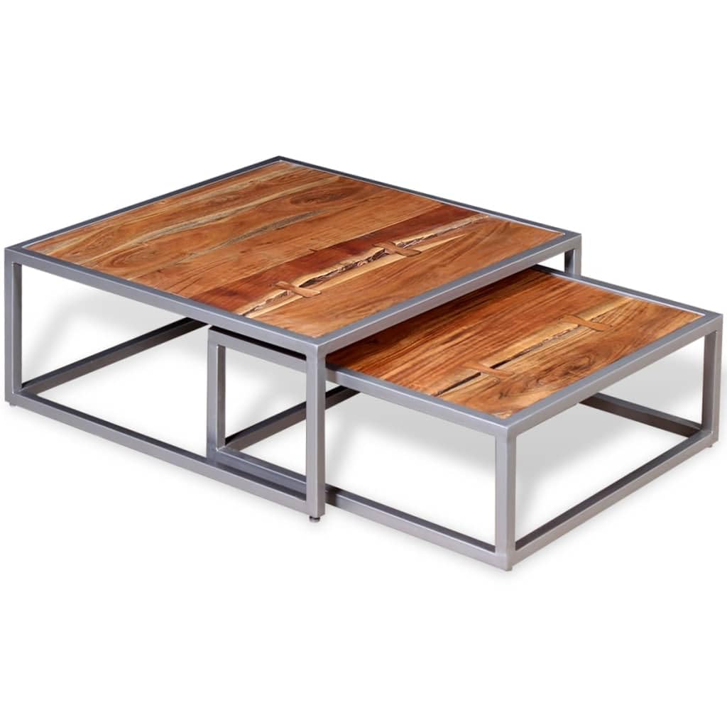 Solid Sheesham Wood Nesting Coffee Table Set with Iron Legs J4560