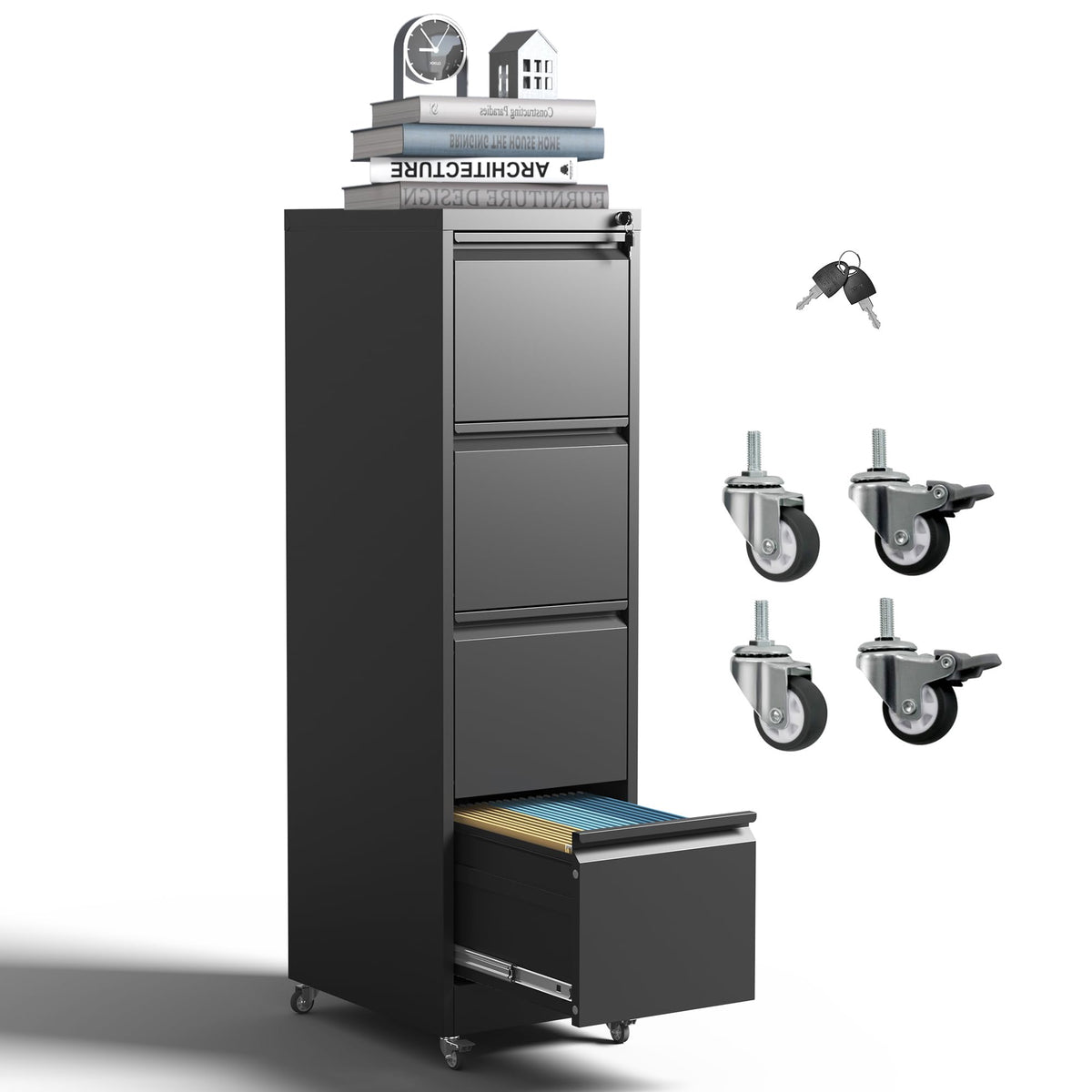 4-Drawer Mobile File Cabinet with Lock and Wheels B4001