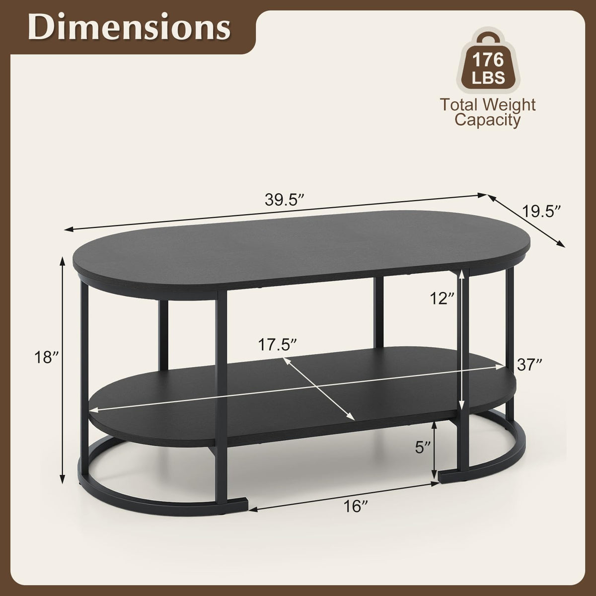 Black 2-Tier Oval Wood Coffee Table with Storage D861