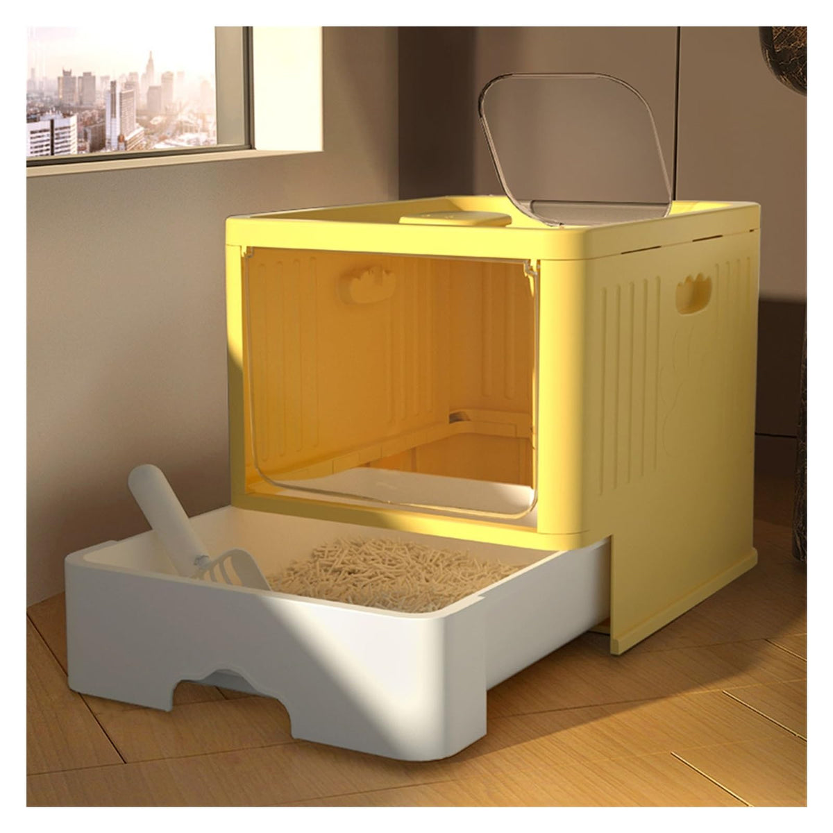 Cat Litter Box with Scoop, Large Top Entry Anti-Splashing with Lid, Enclosed Plastic, Drawer Type H5578
