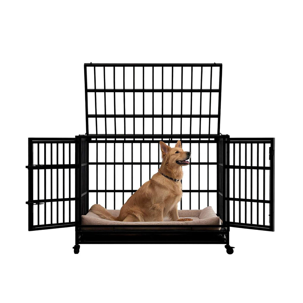48 Inch Heavy Duty Metal Folding Dog Crate with Wheels and Double Doors E6525