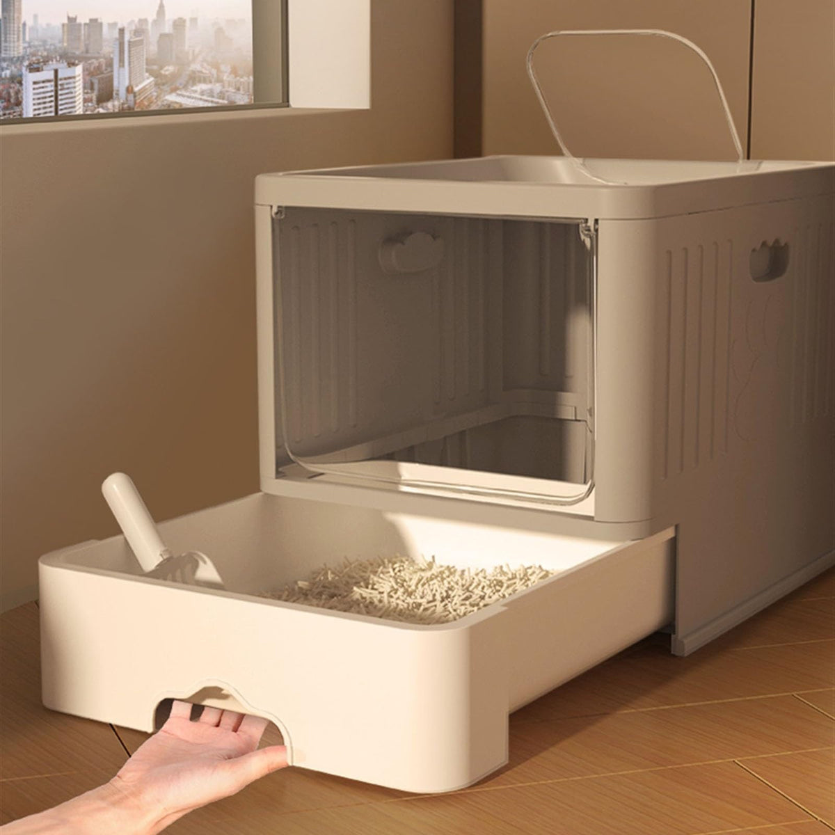 Cat Litter Box with Scoop, Large Top Entry Anti-Splashing with Lid, Enclosed Plastic, Drawer Type H5578