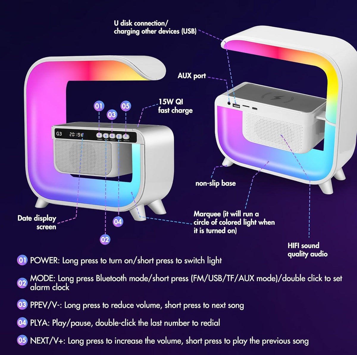 Table Lamp with Bluetooth Speaker, Wireless Charger, Alarm Clock P435822