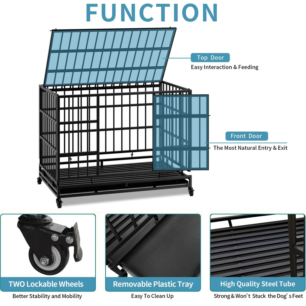 48 Inch Heavy Duty Metal Folding Dog Crate with Wheels and Double Doors E6525
