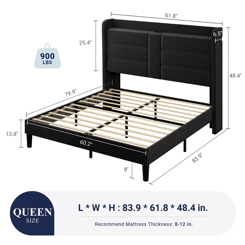 Queen Size Black Velvet Upholstered Platform Bed Frame with Storage Headboard K3899