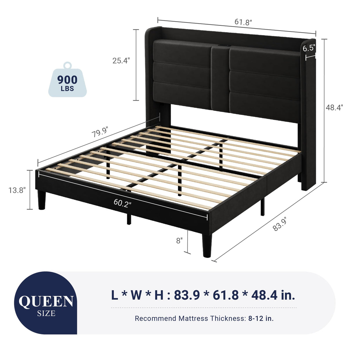 Queen Size Black Velvet Upholstered Platform Bed Frame with Storage Headboard K3899