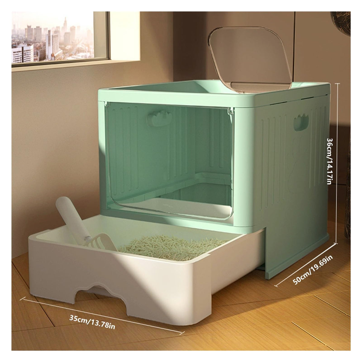 Cat Litter Box with Scoop, Large Top Entry Anti-Splashing with Lid, Enclosed Plastic, Drawer Type H5578