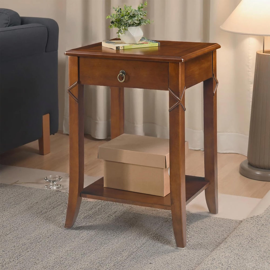 Small Solid Wood Side End Table with Drawer and Storage Shelf A163503