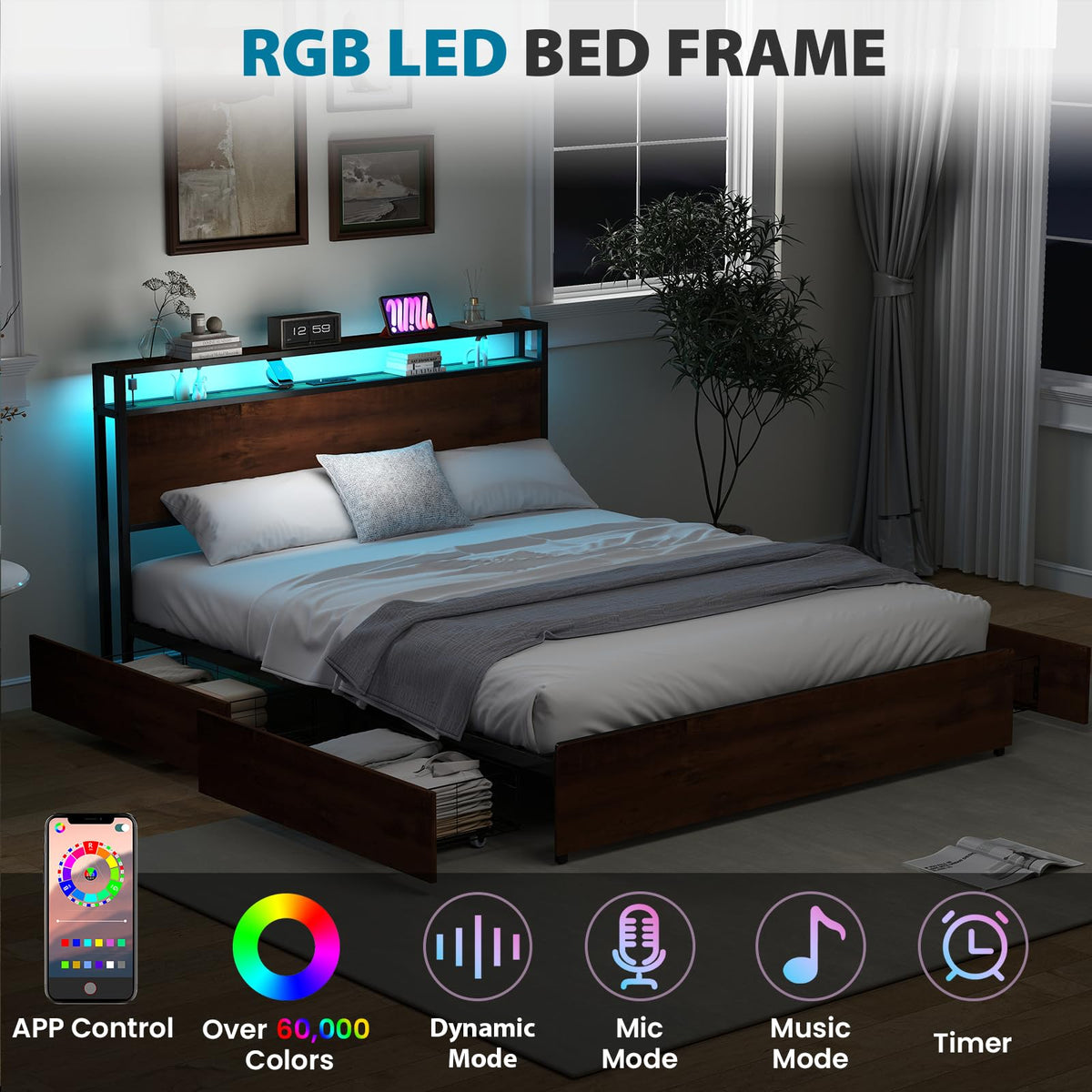Queen Size Bed Frame with 4 Storage Drawers A18663