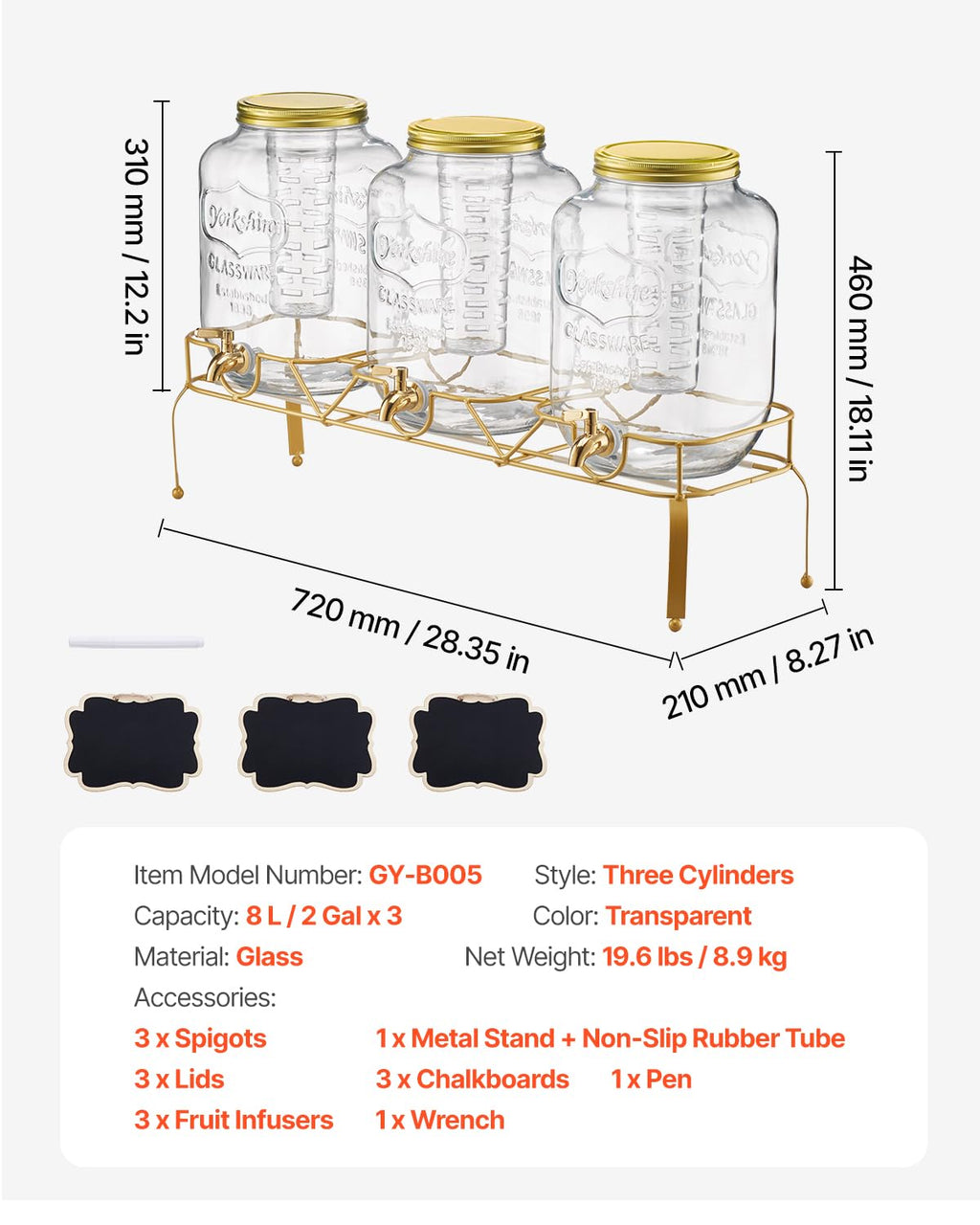 3 Pack 2 Gallon Glass Beverage Dispenser with Metal Stand S10028