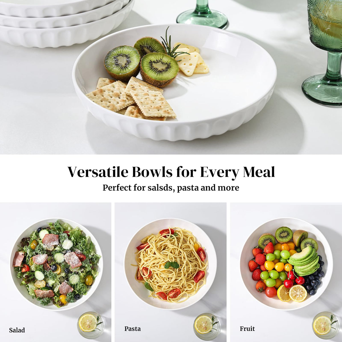 10" White Ceramic Pasta Bowls Set of 4 W446660