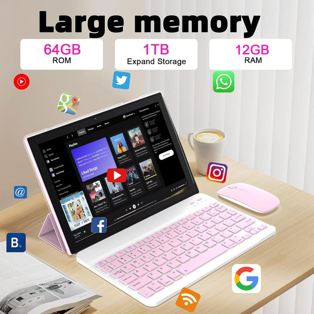 10 inch Android 15 Tablet with Keyboard Case Mouse Stylus Pink G514307