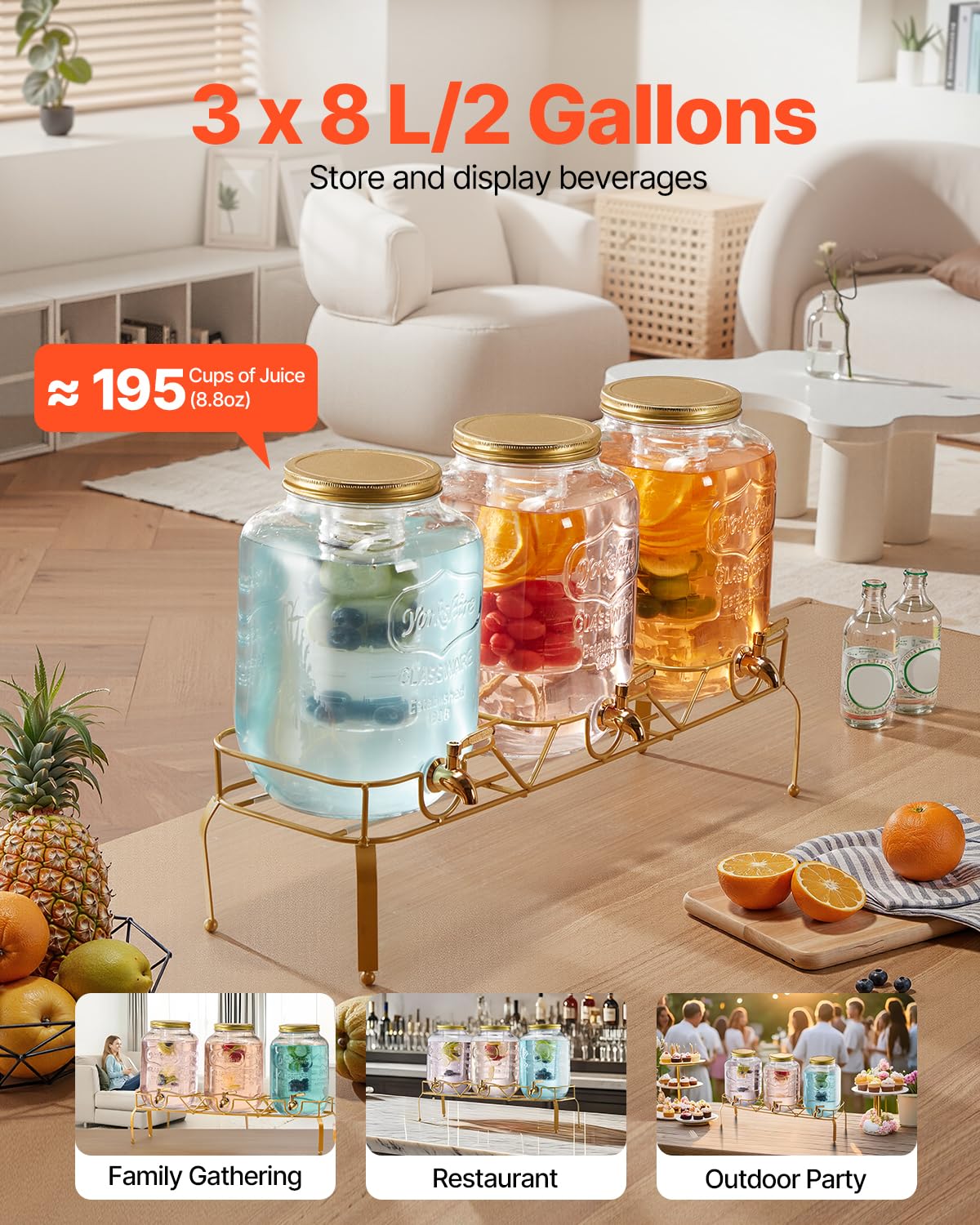 3 Pack 2 Gallon Glass Beverage Dispenser with Metal Stand S10028