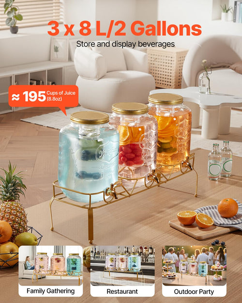 3 Pack 2 Gallon Glass Beverage Dispenser with Metal Stand S10028