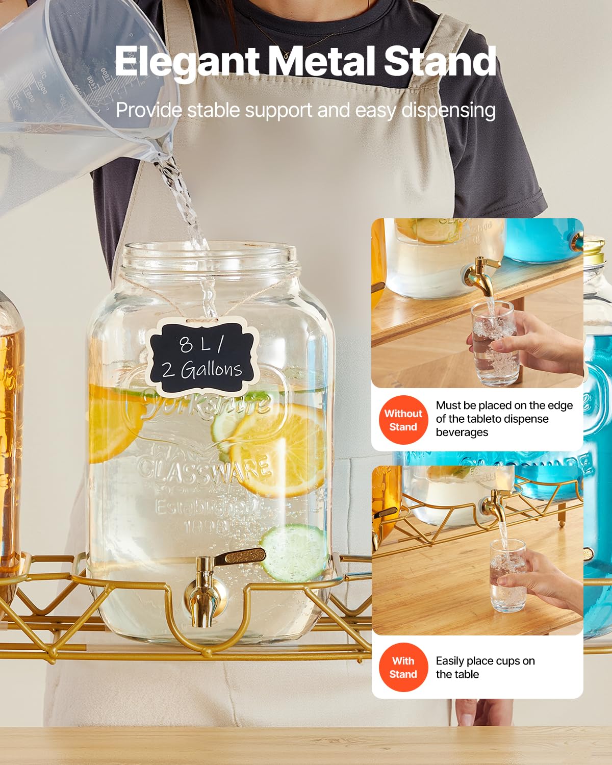 3 Pack 2 Gallon Glass Beverage Dispenser with Metal Stand S10028