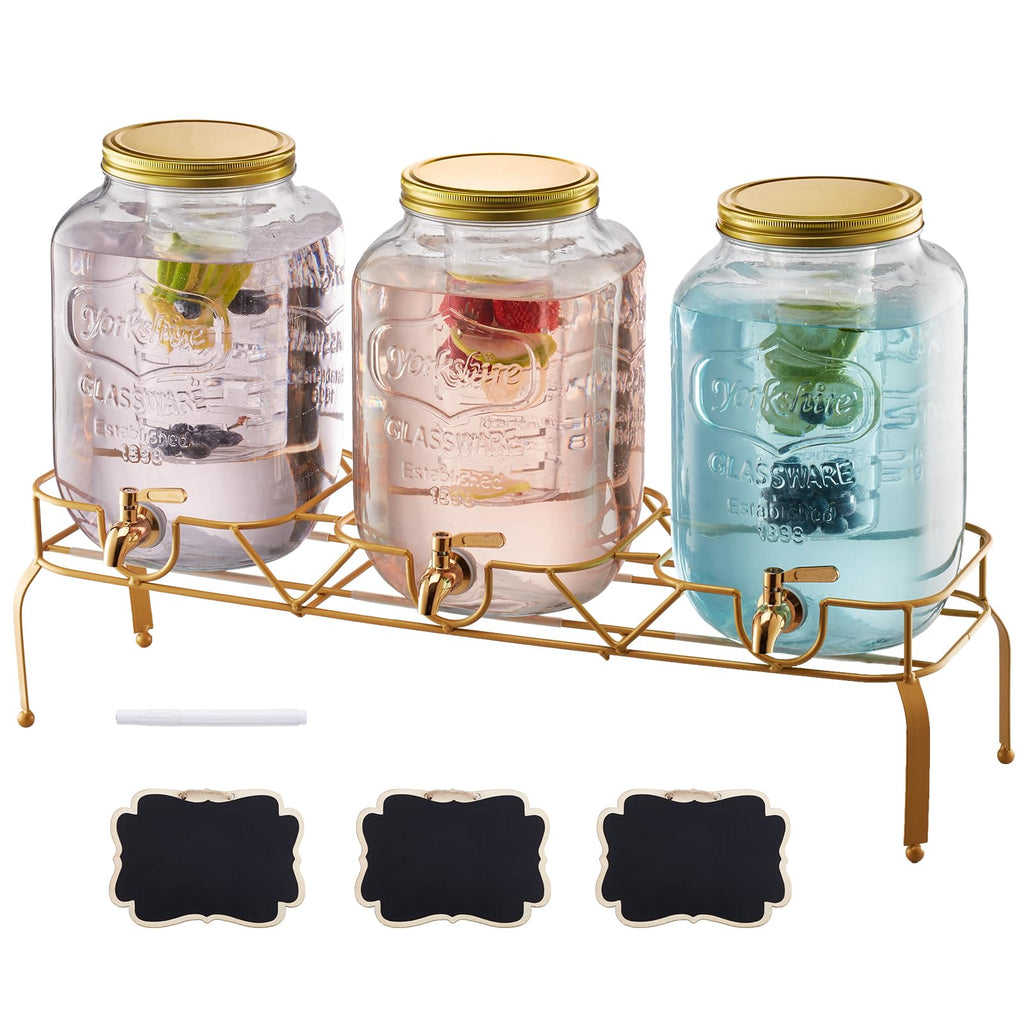 3 Pack 2 Gallon Glass Beverage Dispenser with Metal Stand S10028