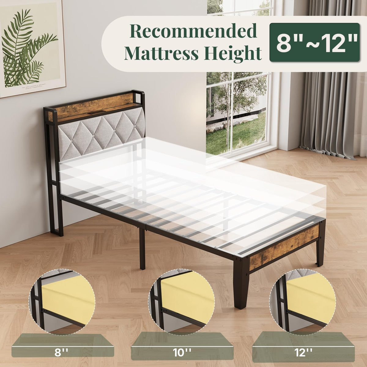 Twin Platform Bed Frame with USB Charging Ports F6506
