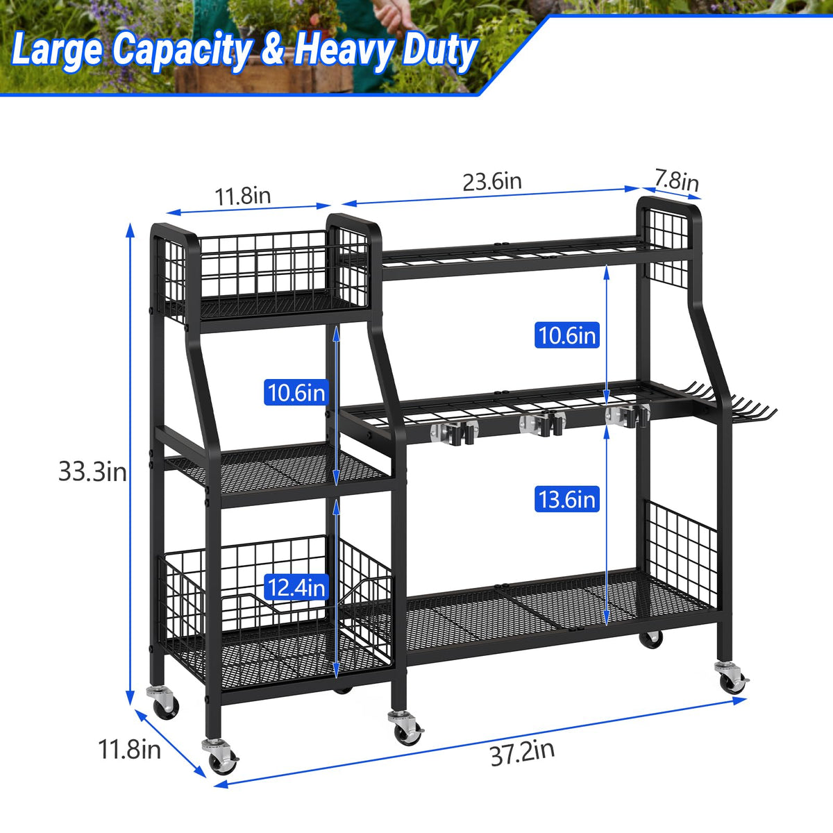 Heavy-Duty Garden Tool Organizer with 6 Wheels and 2 Baskets J1417