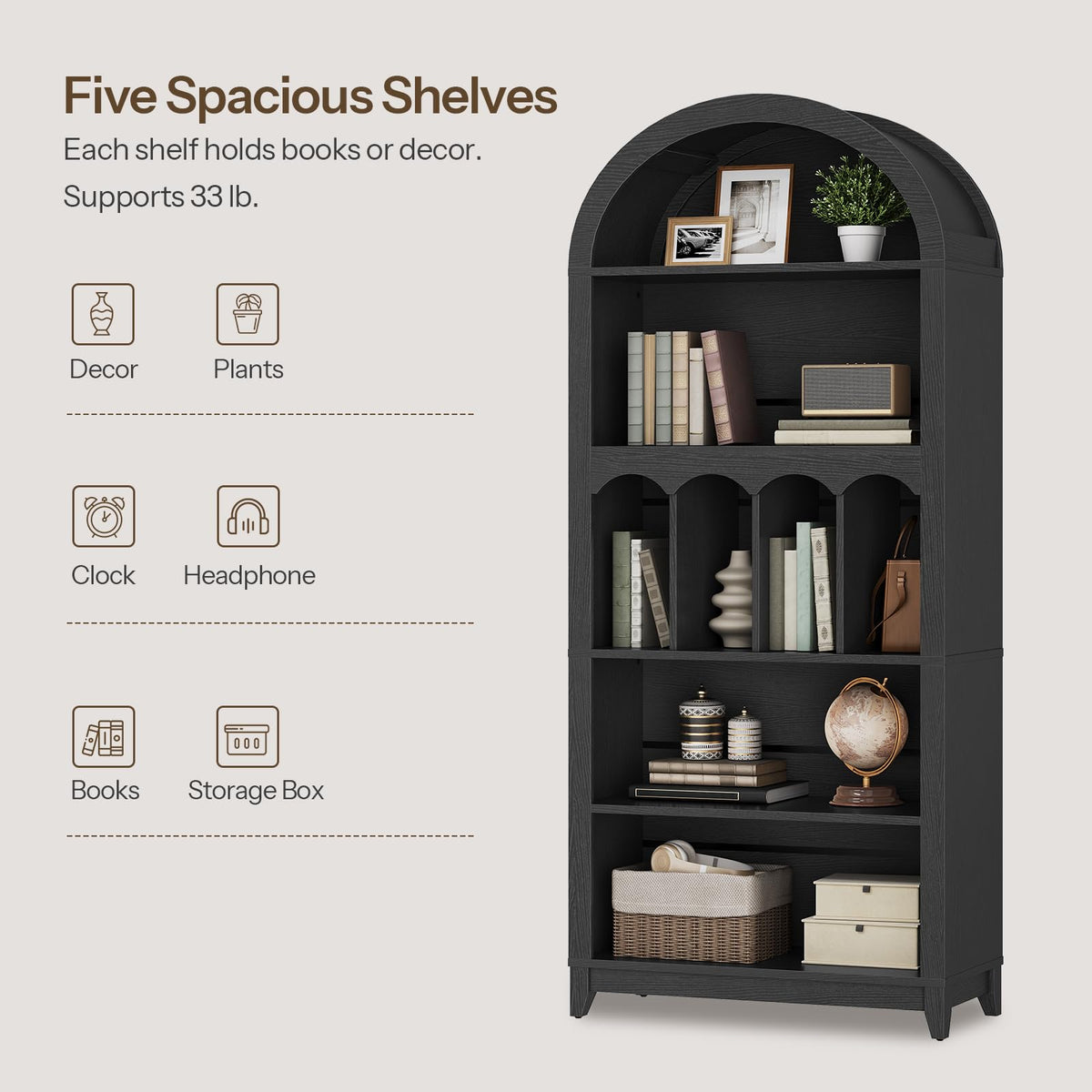 70.9" Tall Arched Wooden Bookcase N793098