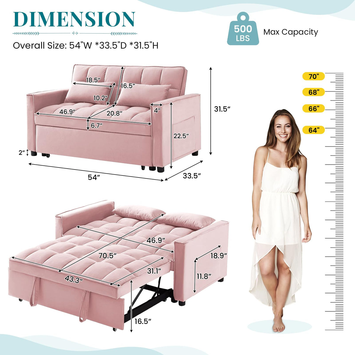 Pink Velvet Convertible Sleeper Sofa Bed B602679