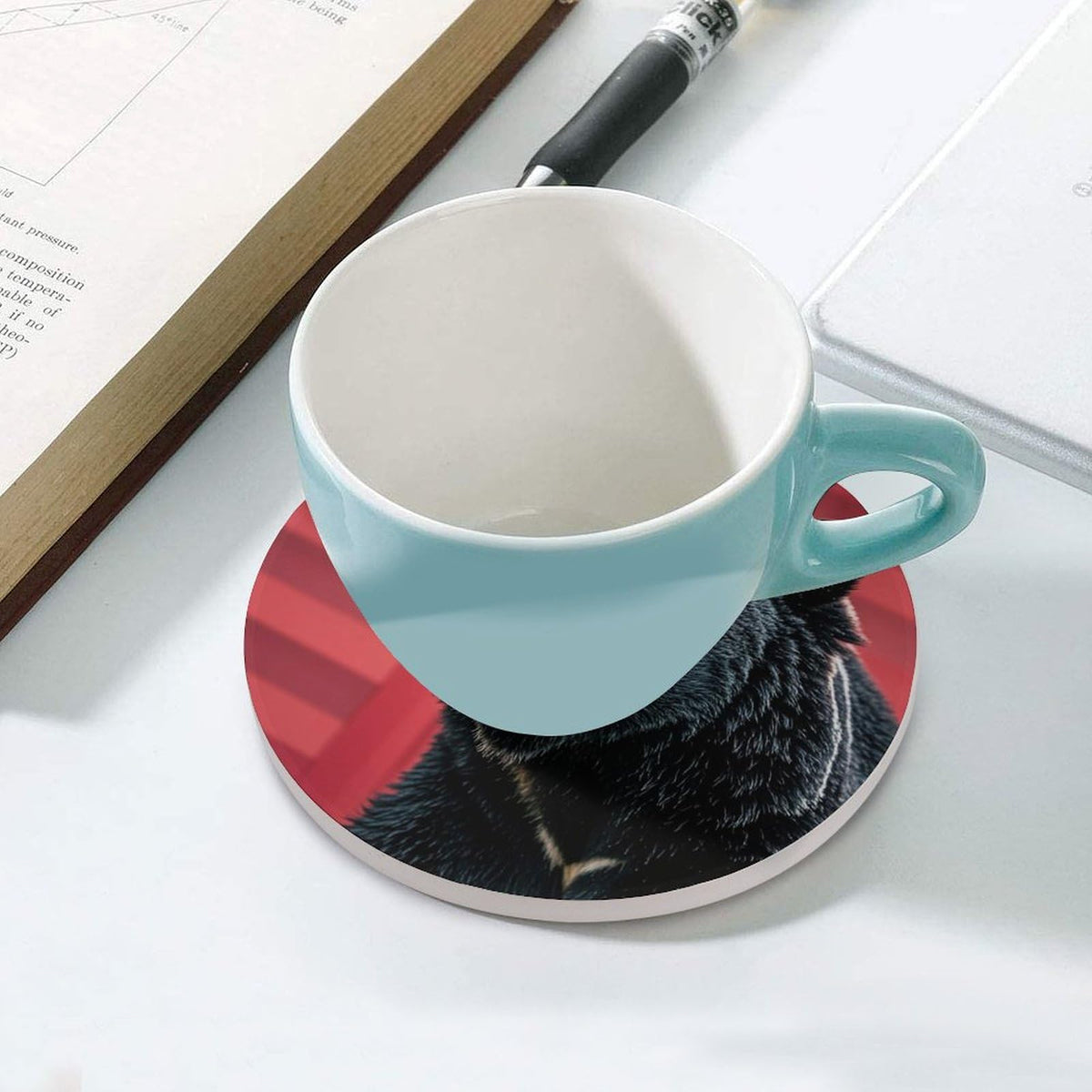Ceramic Coaster Set of 6 Black Bear Red and Black Plaid Round Coasters U2385
