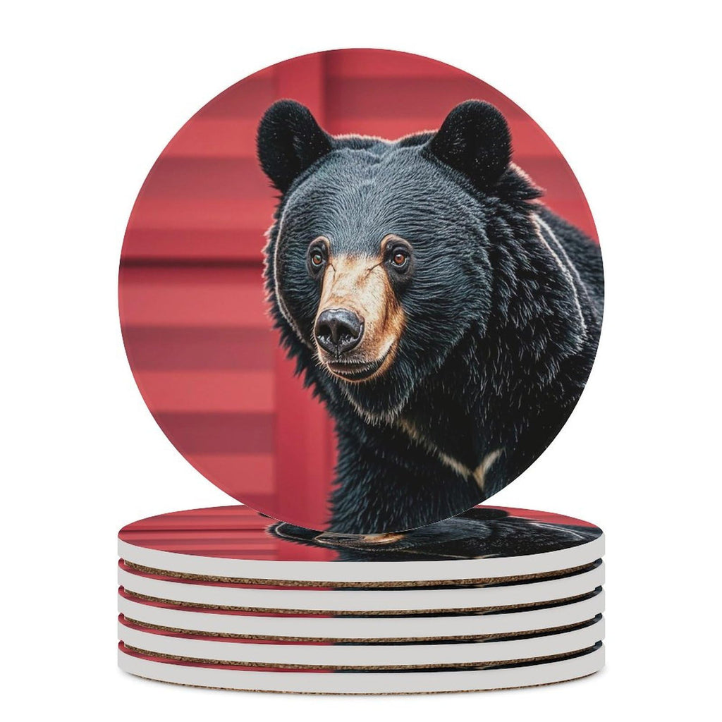 Ceramic Coaster Set of 6 Black Bear Red and Black Plaid Round Coasters U2385