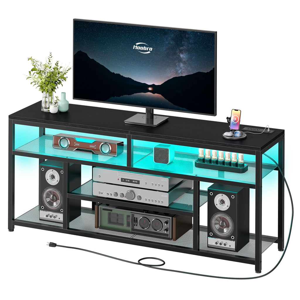 Black 4-Tier LED TV Stand with Charging Station W248693