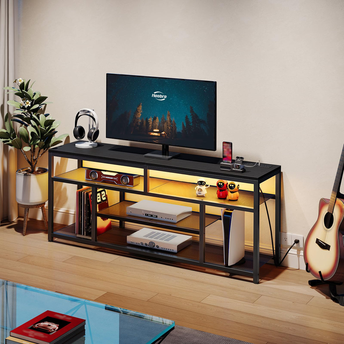Black 4-Tier LED TV Stand with Charging Station W248693