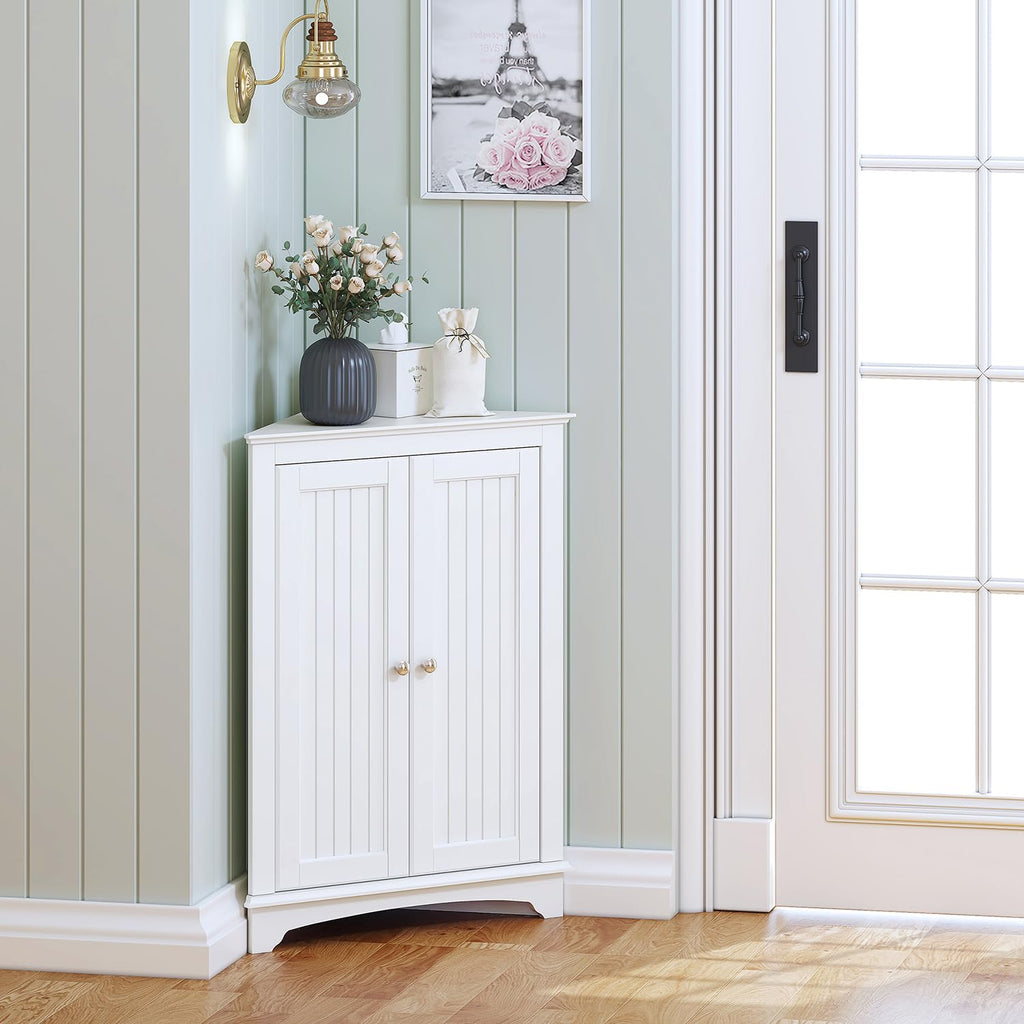 White Corner Bathroom Cabinet with Doors and Adjustable Shelf X71962