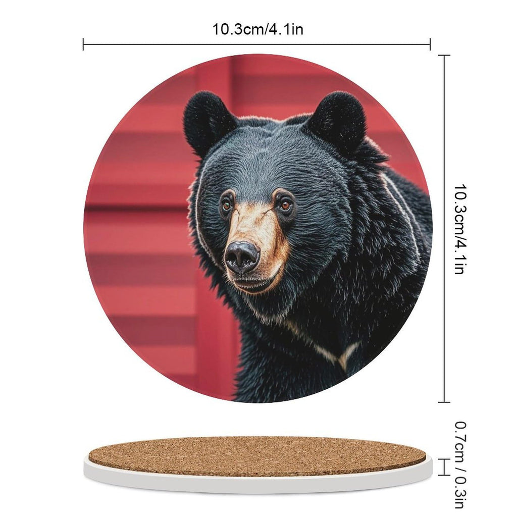 Ceramic Coaster Set of 6 Black Bear Red and Black Plaid Round Coasters U2385