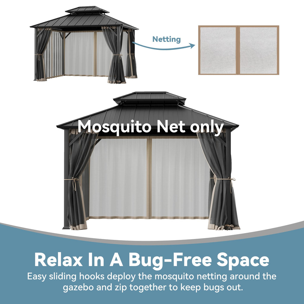 11' x 13' Gazebo Mosquito Netting Replacement 4-Panel Sidewalls with Double Zipper K413