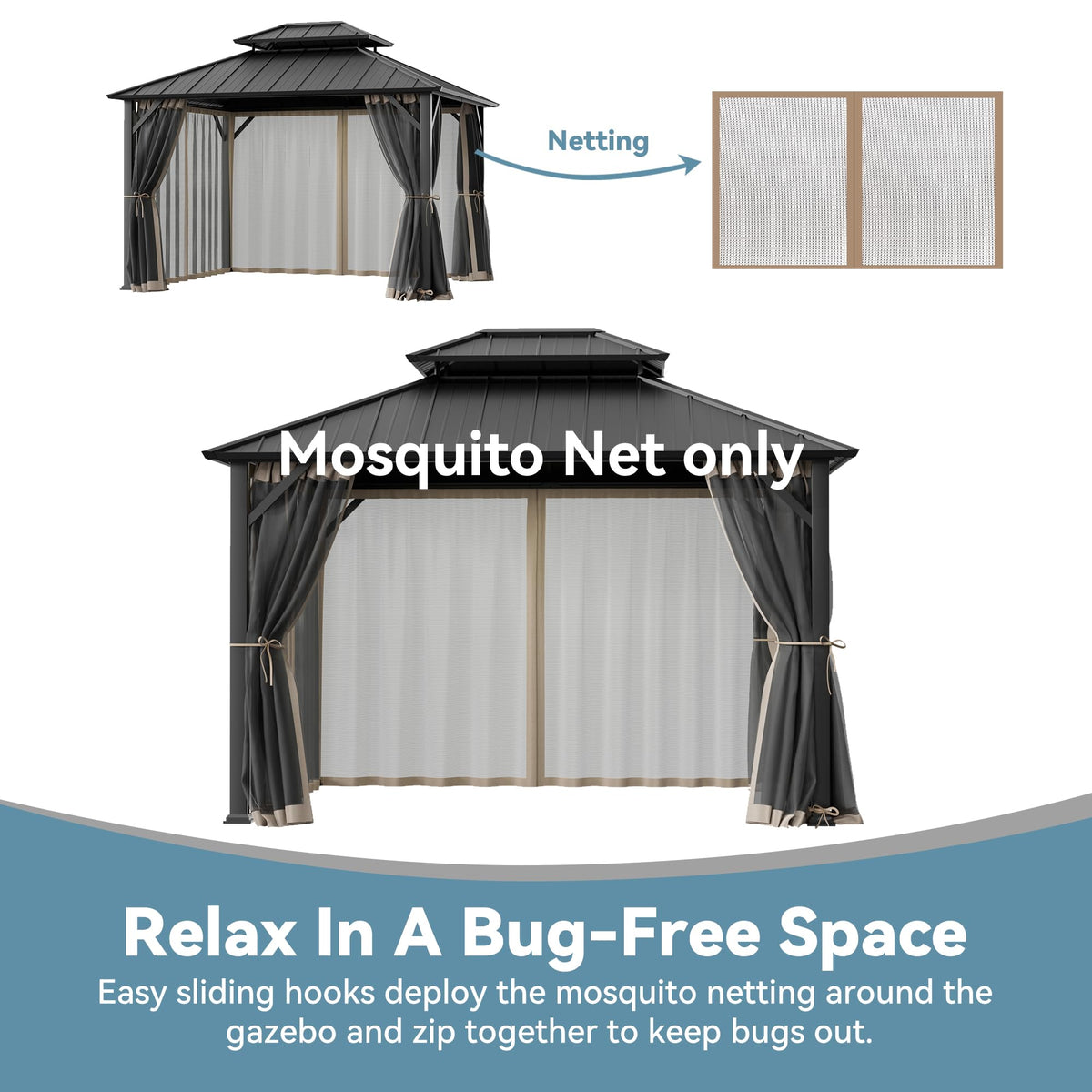 11' x 13' Gazebo Mosquito Netting Replacement 4-Panel Sidewalls with Double Zipper K413