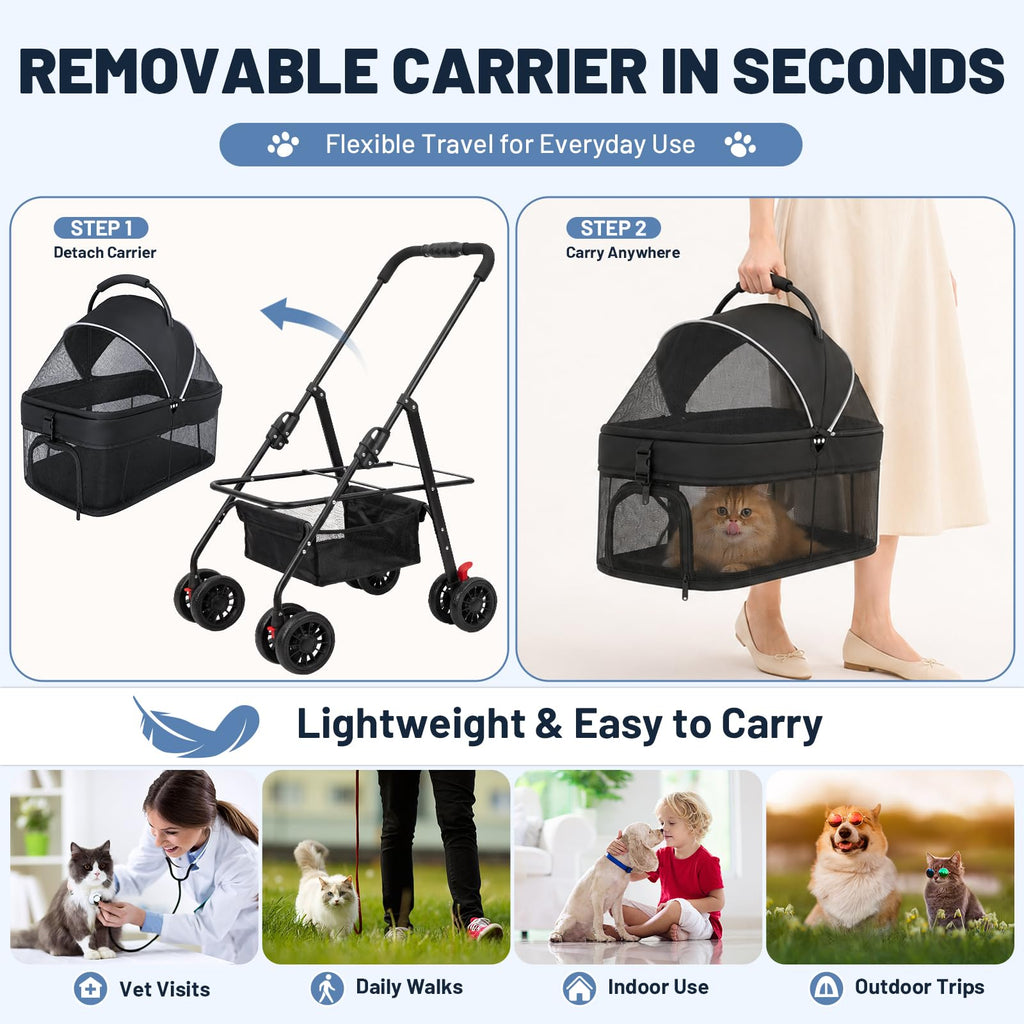 Foldable Pet Stroller with Detachable Carrier J828033