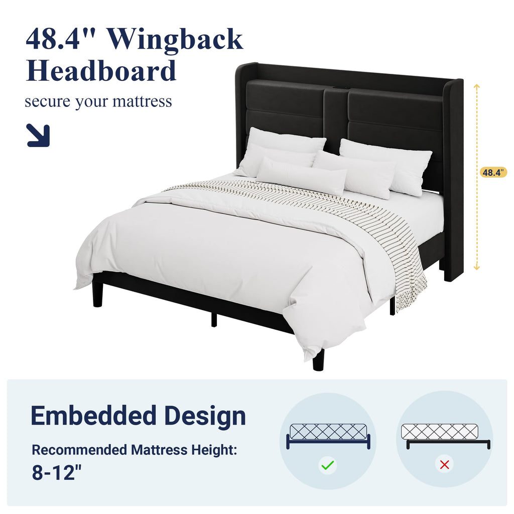 Queen Size Black Velvet Upholstered Platform Bed Frame with Storage Headboard K3899
