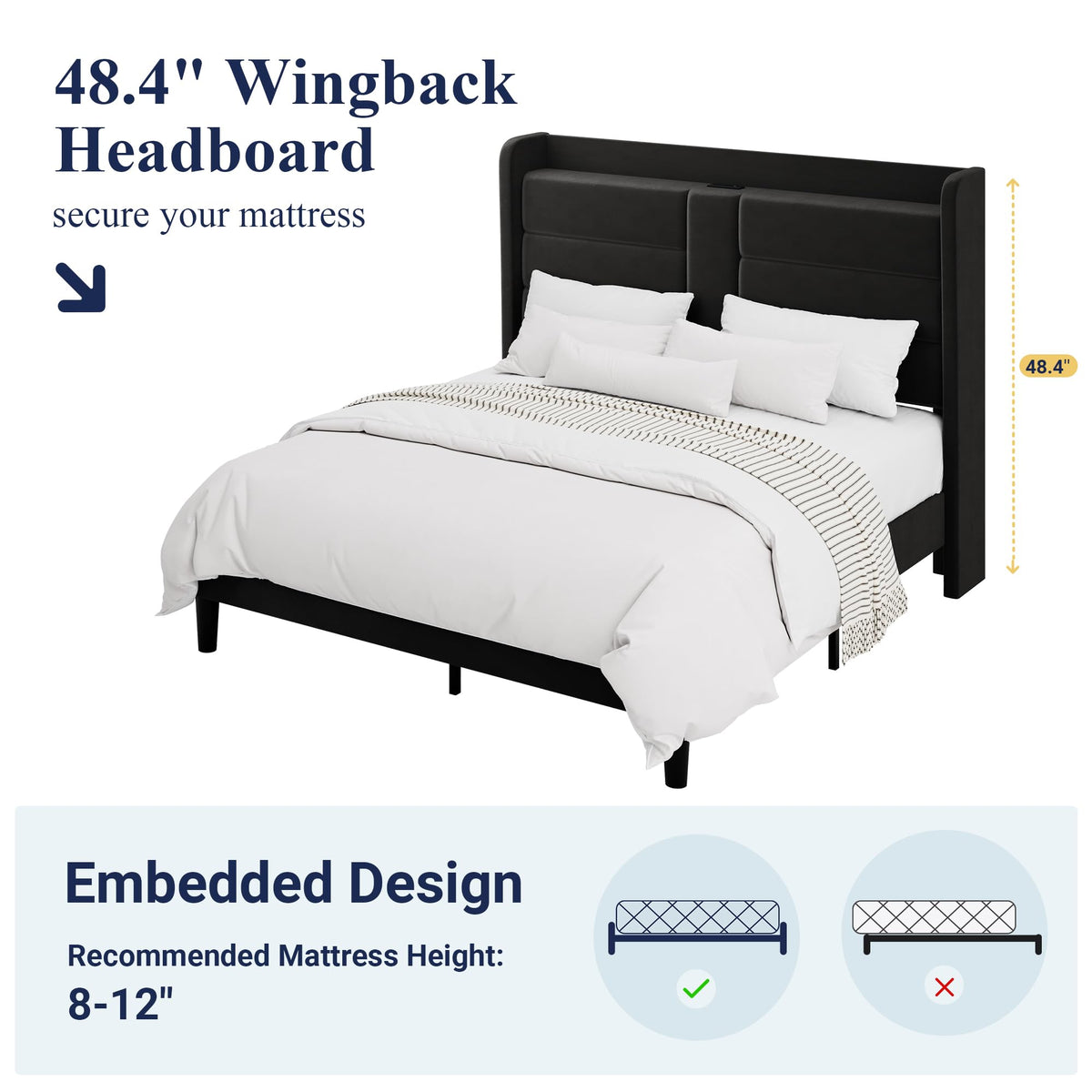 Queen Size Black Velvet Upholstered Platform Bed Frame with Storage Headboard K3899