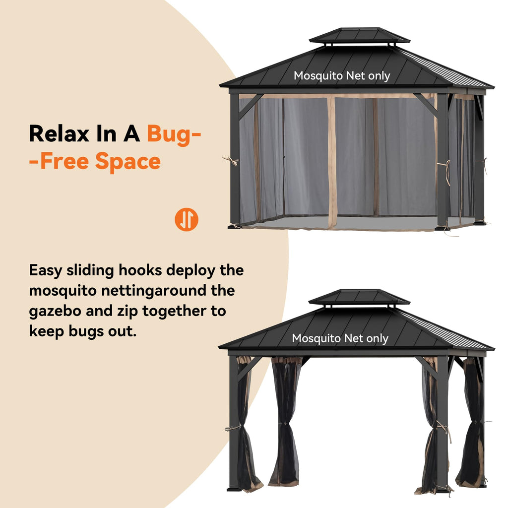 11' x 13' Gazebo Mosquito Netting Replacement 4-Panel Sidewalls with Double Zipper K413