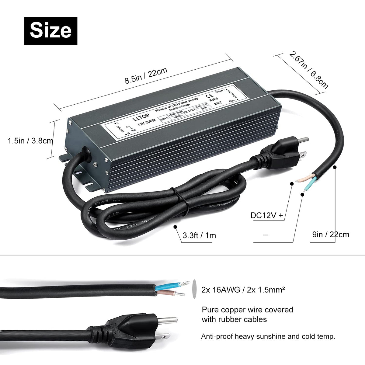 12V DC Waterproof IP67 Power Supply 200W 16.7A N5263
