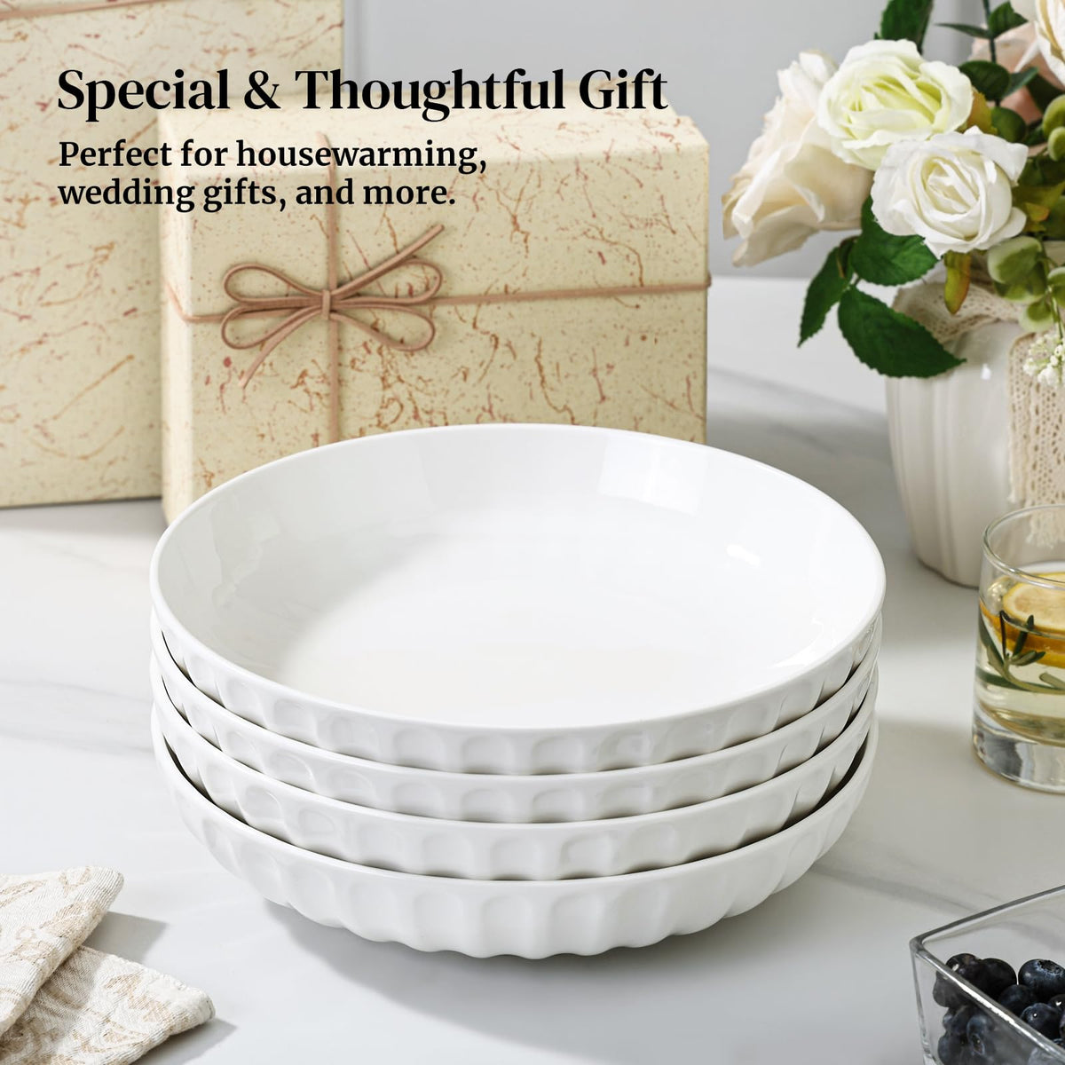10" White Ceramic Pasta Bowls Set of 4 W446660