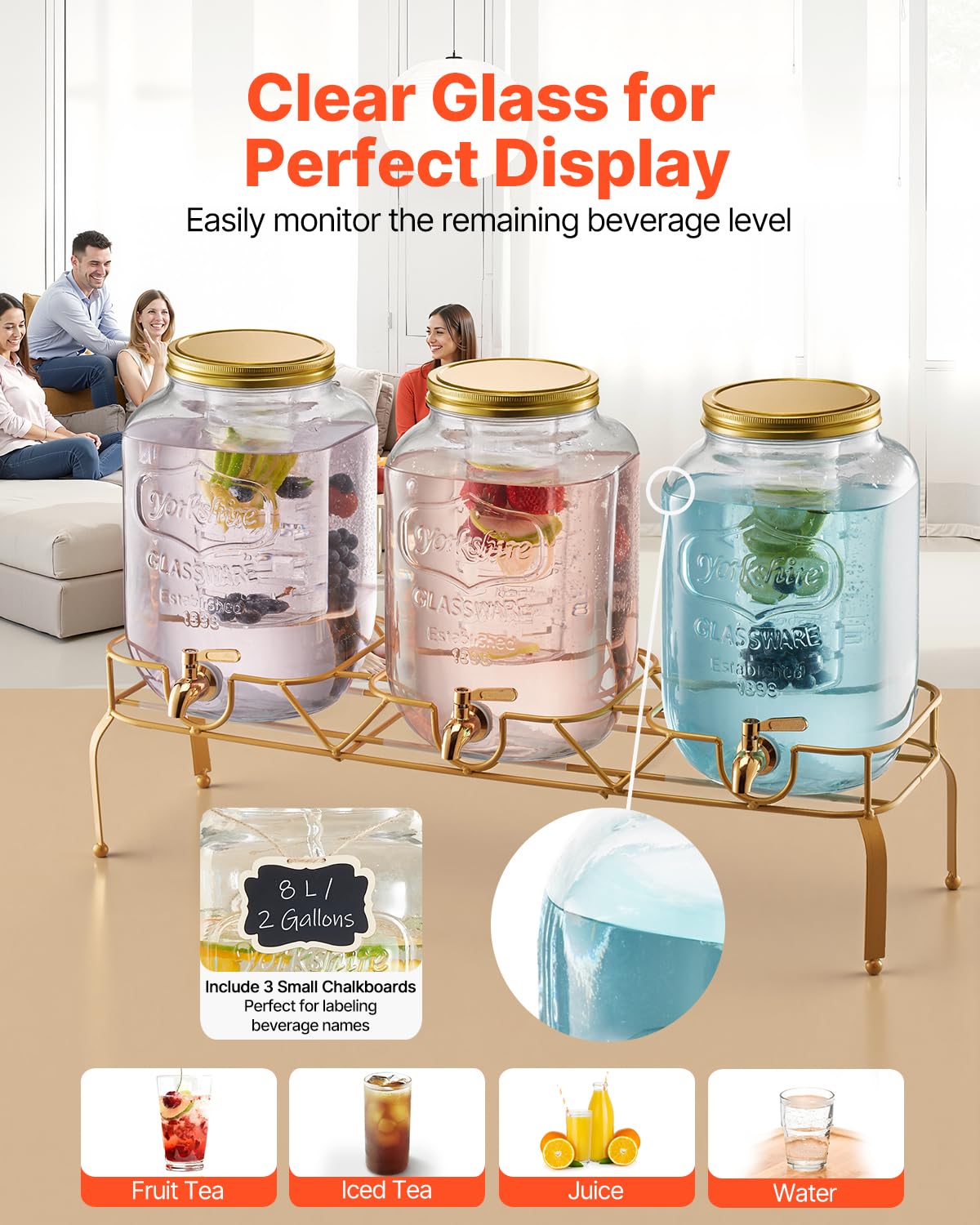 3 Pack 2 Gallon Glass Beverage Dispenser with Metal Stand S10028