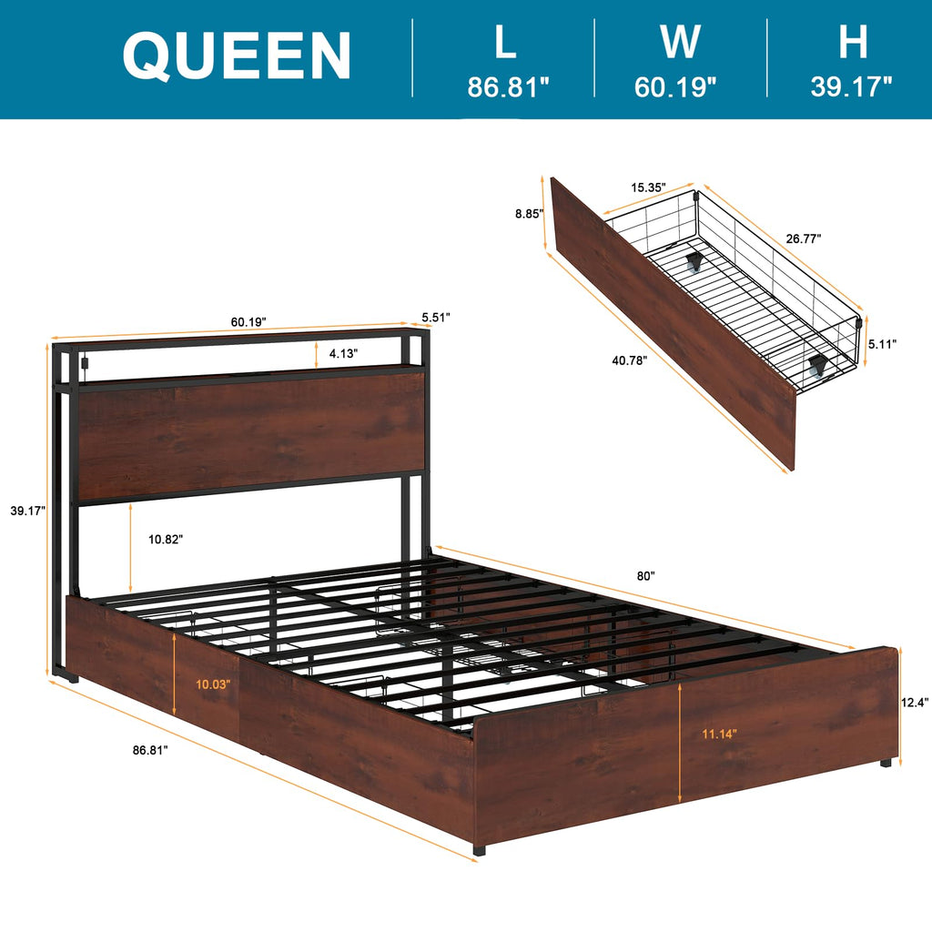 Queen Size Bed Frame with 4 Storage Drawers A18663