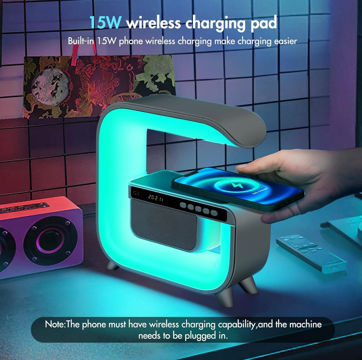 Table Lamp with Bluetooth Speaker, Wireless Charger, Alarm Clock P435822