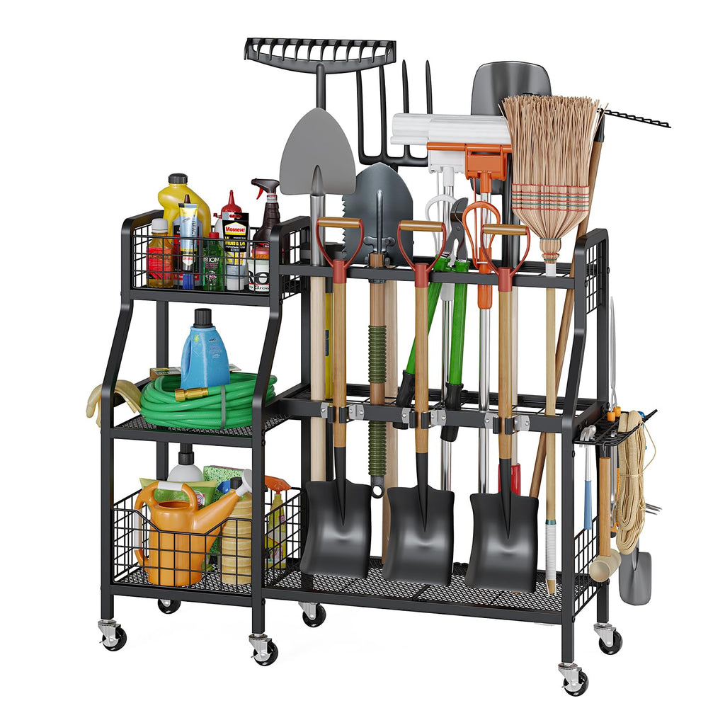 Heavy-Duty Garden Tool Organizer with 6 Wheels and 2 Baskets J1417