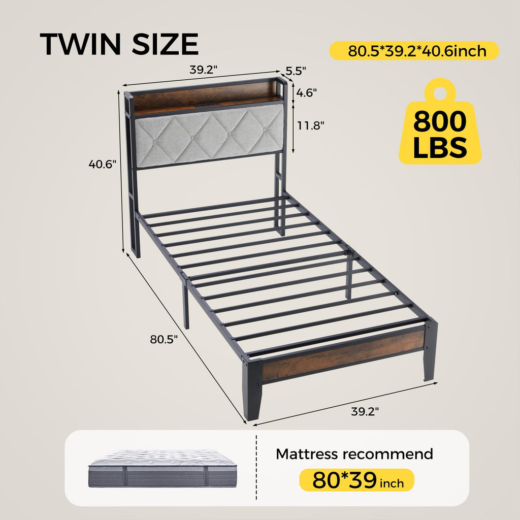 Twin Platform Bed Frame with USB Charging Ports F6506