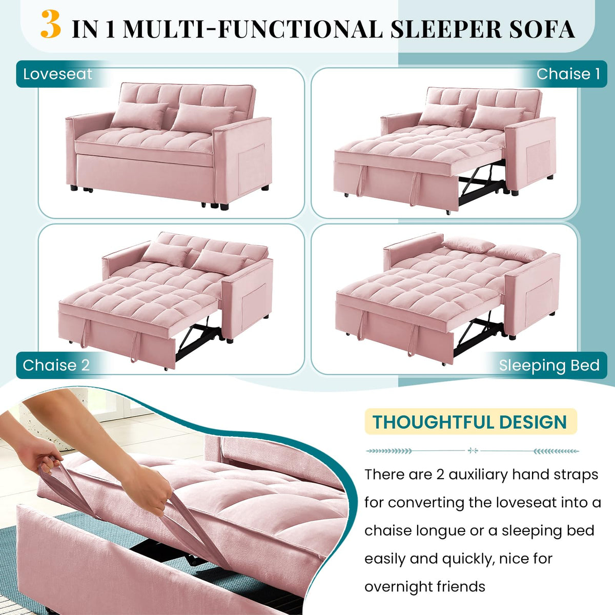Pink Velvet Convertible Sleeper Sofa Bed B602679