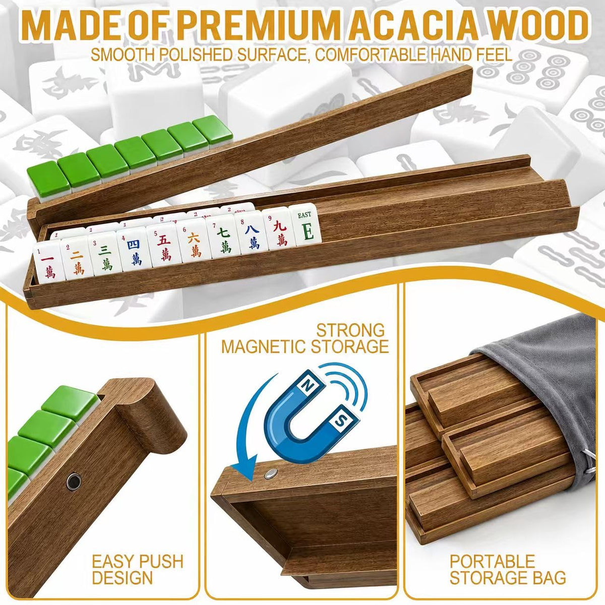 Acacia Wooden Mahjong Racks with Pushers U2489