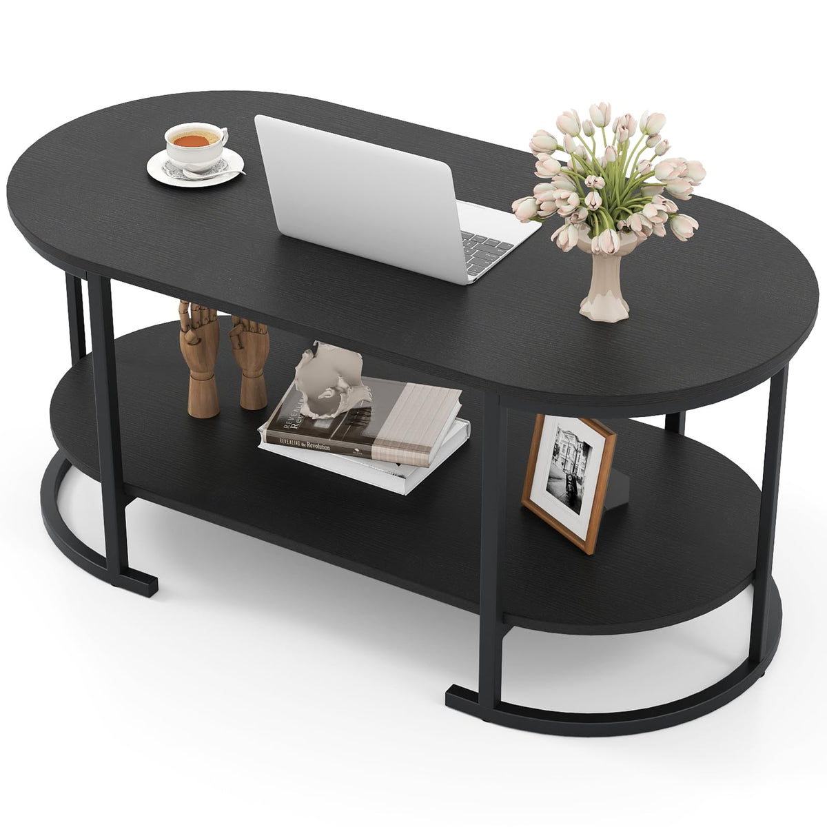 Black 2-Tier Oval Wood Coffee Table with Storage D861